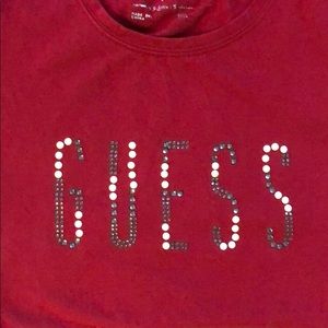 Red Guess T-shirt gemstone and pearl lettering